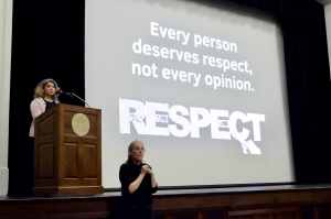 Headlee displays a slide with the words “Every person deserves respect, not every opinion” behind her during the lecture. This idea ties directly to her focus on improving post-election conversations, as it encourages separating respect for individuals from agreement with their viewpoints.